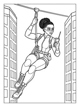 A masked hero ziplining between skyscrapers on this dynamic robin coloring page.