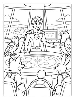 A teen hero and animal sidekicks gather in this robin coloring page.