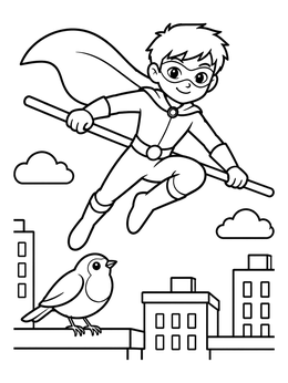 Free printable Young Superhero Leaping Over Rooftops coloring page