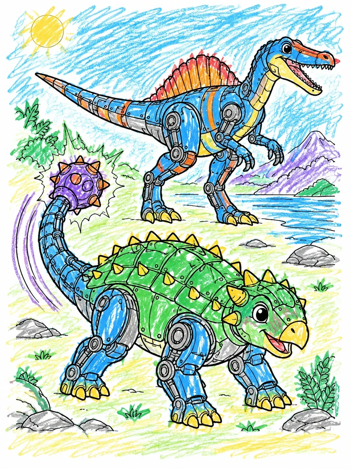 Colored example of the Robot Ankylosaurus And Spinosaurus Duo coloring page