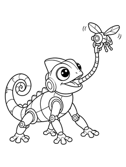 A cute chameleon coloring page with a robot chameleon catching a mechanical insect.