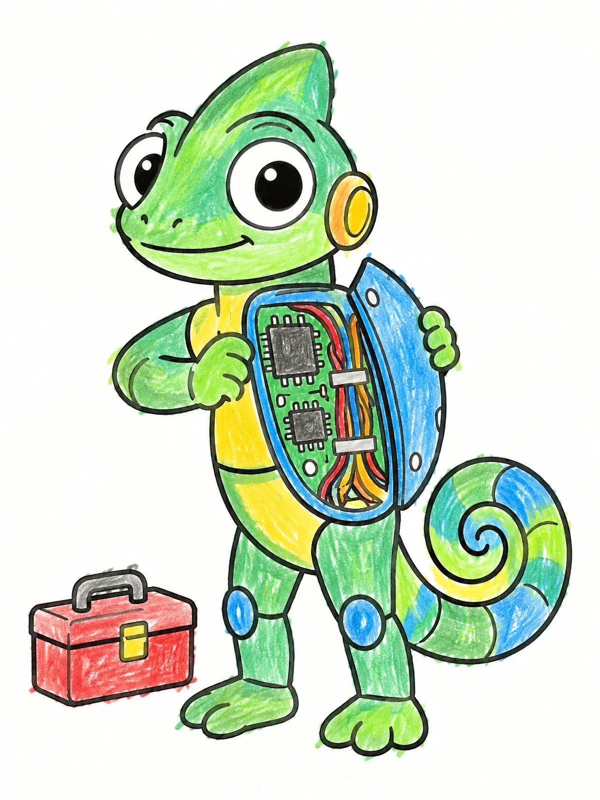 Colored example of the Robot Chameleon With Open Circuit Panel coloring page