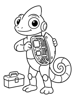 A friendly robot chameleon coloring page showing microchips inside its torso beside a toolbox.