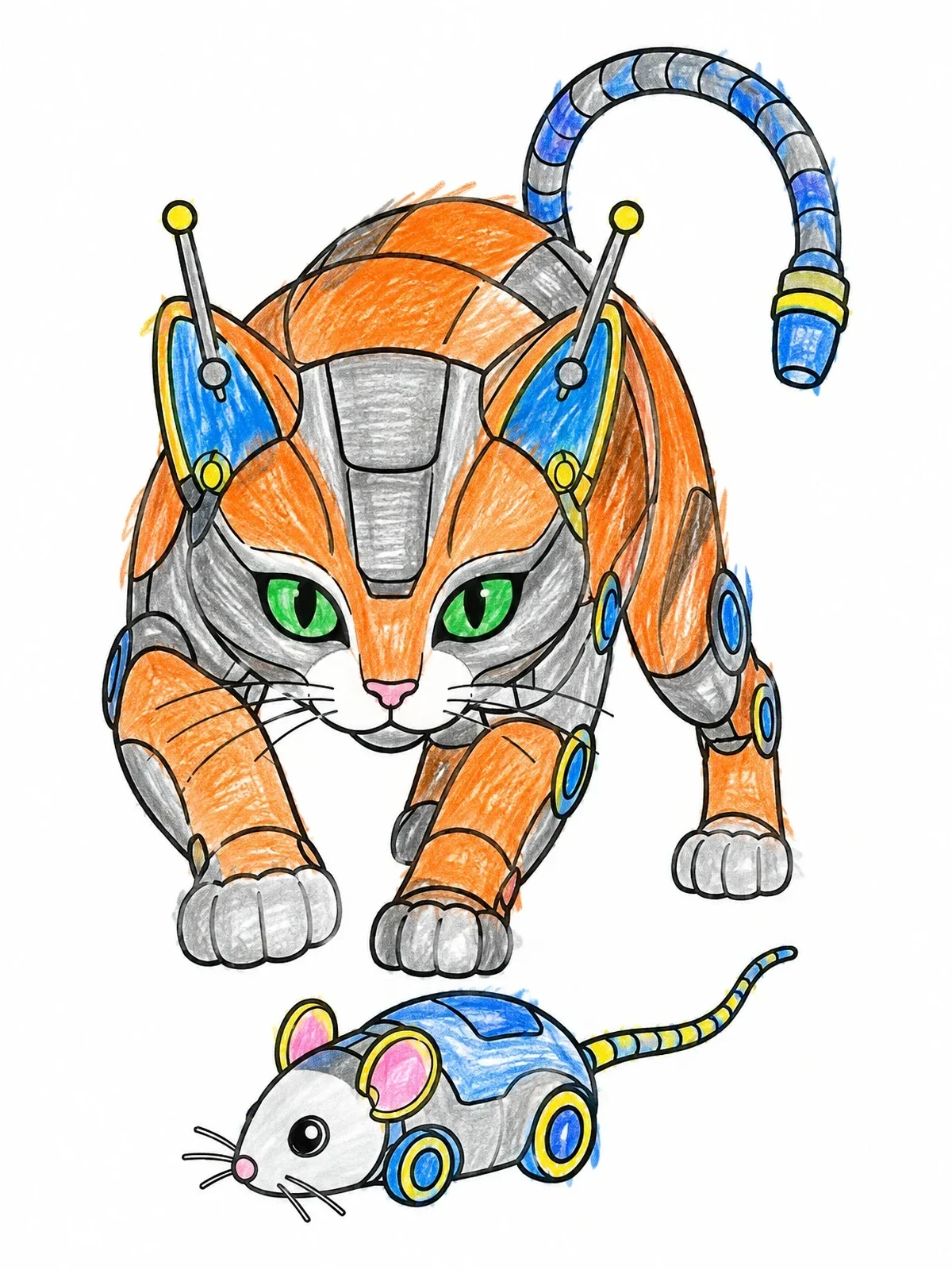 Colored example of the Cybernetic Cat Stalking Mechanical Mouse coloring page