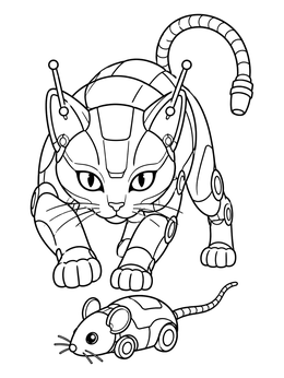 A robot coloring page of a futuristic cyber cat prowling toward a small mechanical toy mouse.