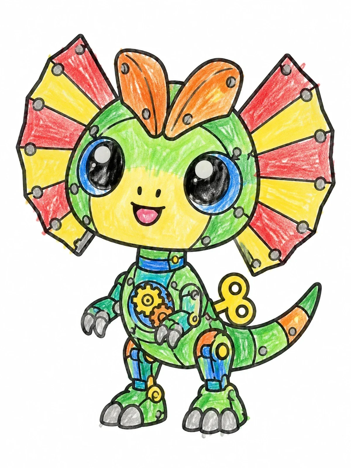 Colored example of the Cute Mechanical Dilophosaurus Toy coloring page