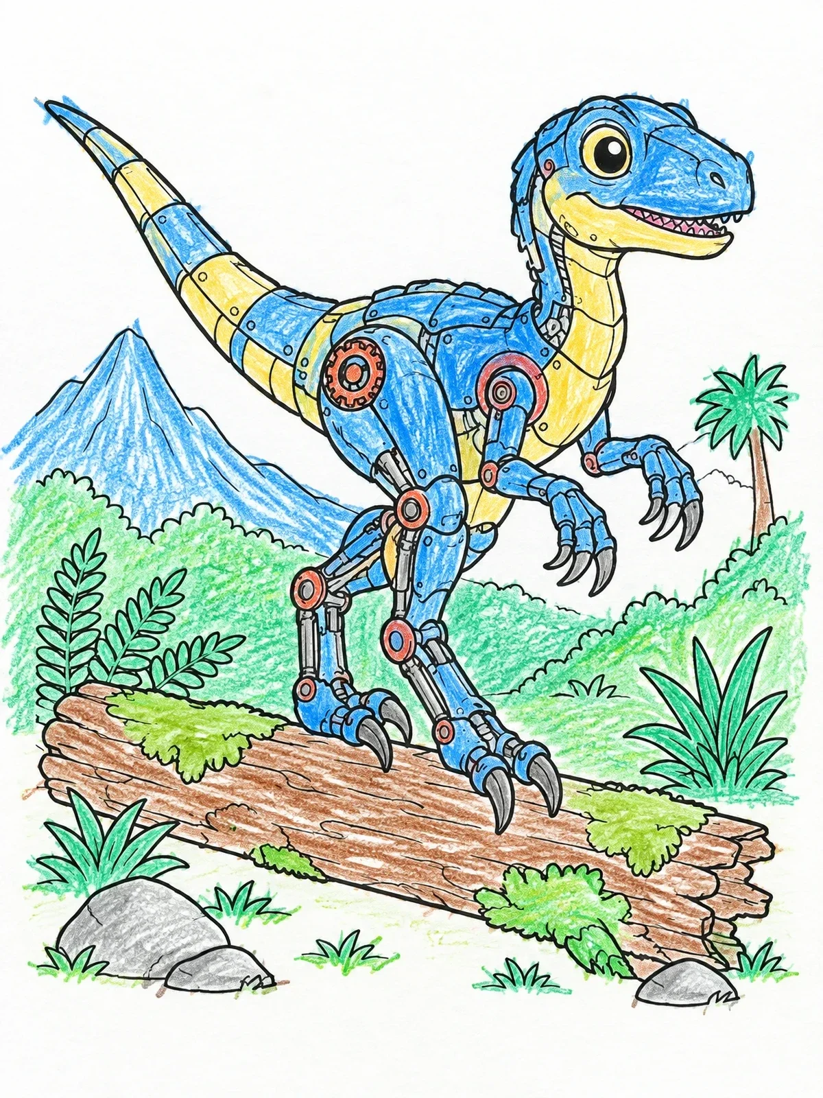 Colored example of the Cute Mechanical Velociraptor On Log coloring page