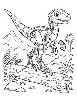 Free printable Cute Mechanical Velociraptor On Log coloring page