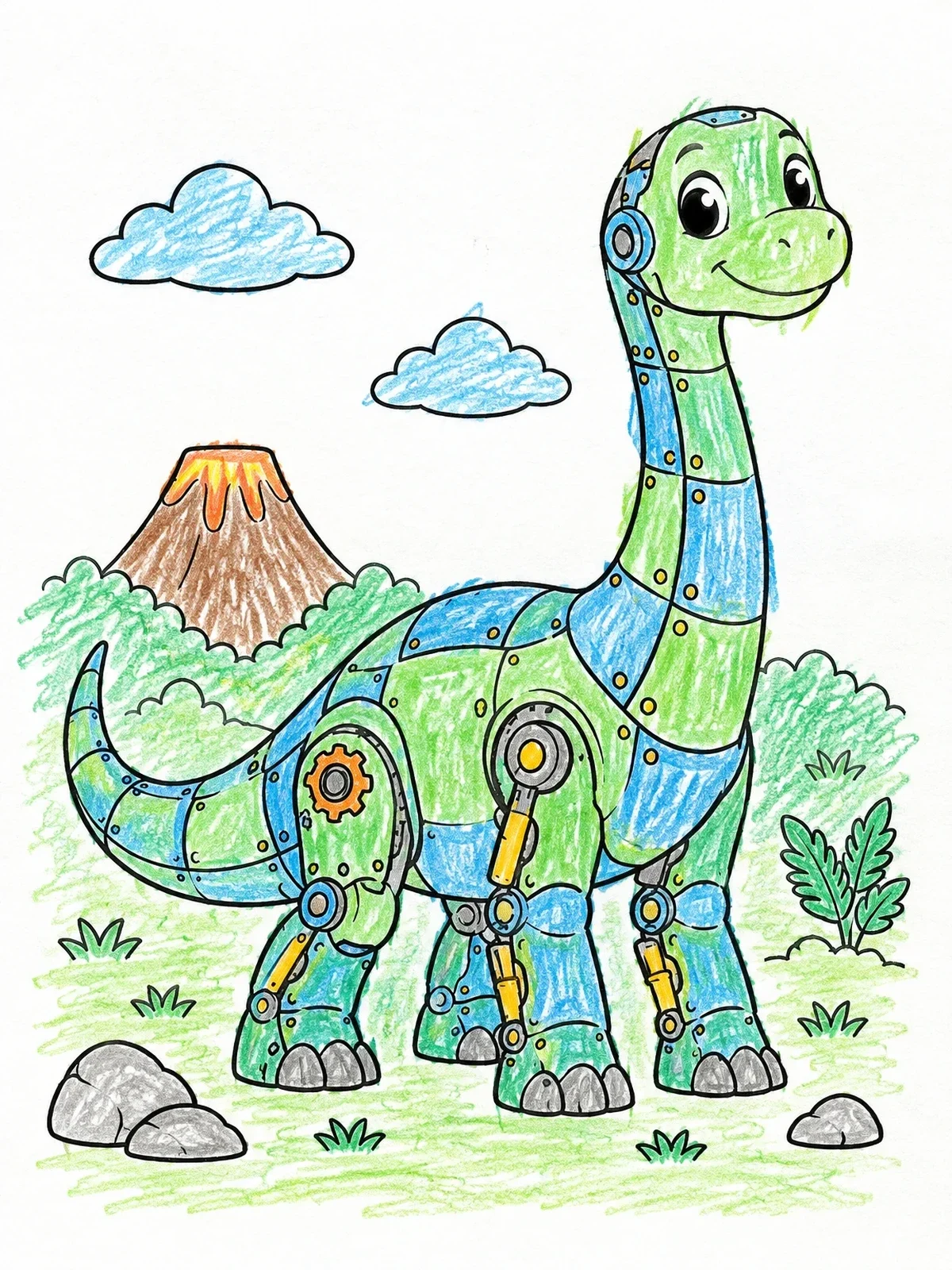 Colored example of the Cute Steampunk Baby Brontosaurus coloring page