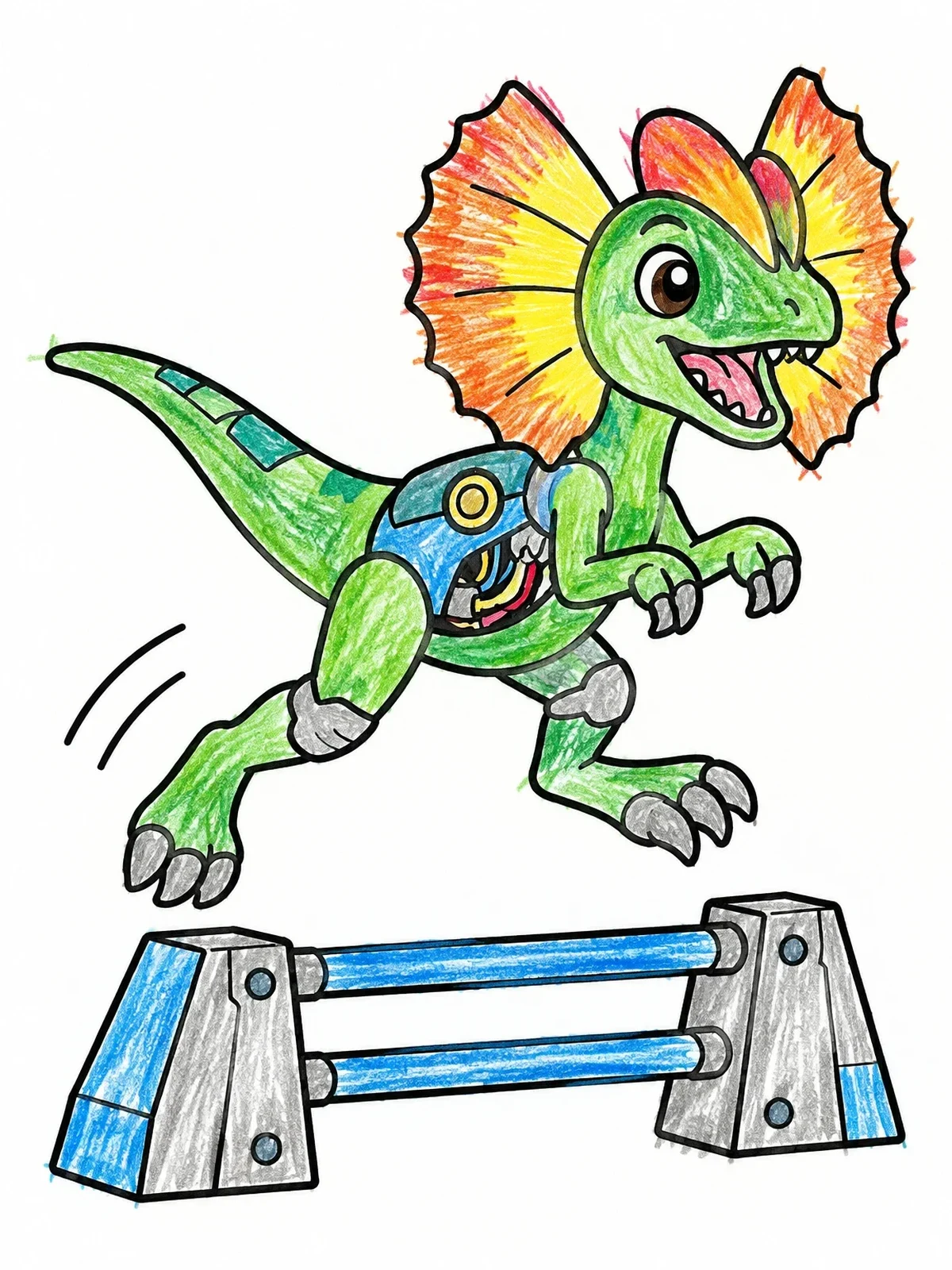 Colored example of the Cybernetic Dilophosaurus Leaping Over Hurdle coloring page