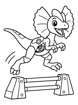 Free printable Cybernetic Dilophosaurus Leaping Over Hurdle coloring page