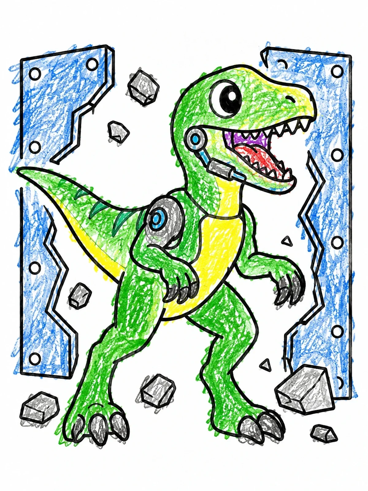 Colored example of the Cyborg Velociraptor Smashing Through Wall coloring page