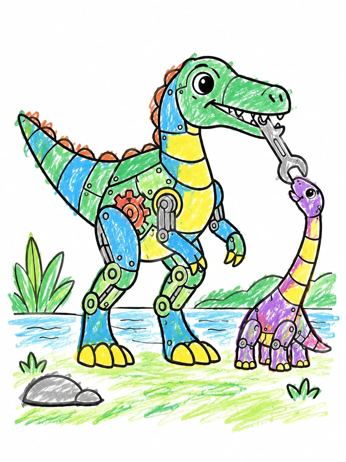 Colored example of the Mechanical Baryonyx And Baby Sauropod coloring page