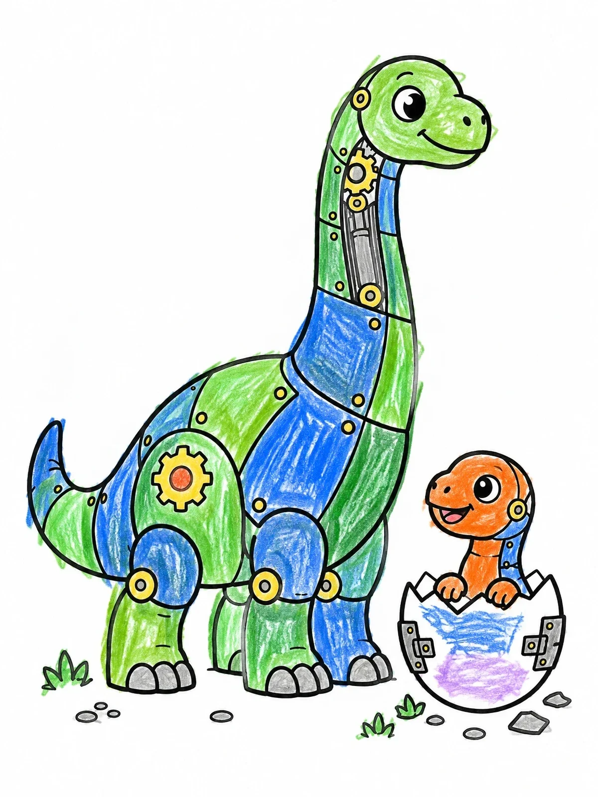 Colored example of the Mechanical Brachiosaurus And Hatching Baby coloring page
