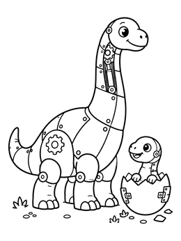 Free printable Mechanical Brachiosaurus And Hatching Baby coloring page