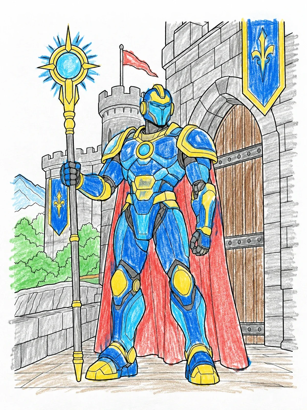 Colored example of the Futuristic Knight Guarding Castle Gate coloring page