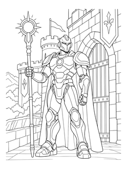Futuristic Knight Guarding Castle Gate coloring page