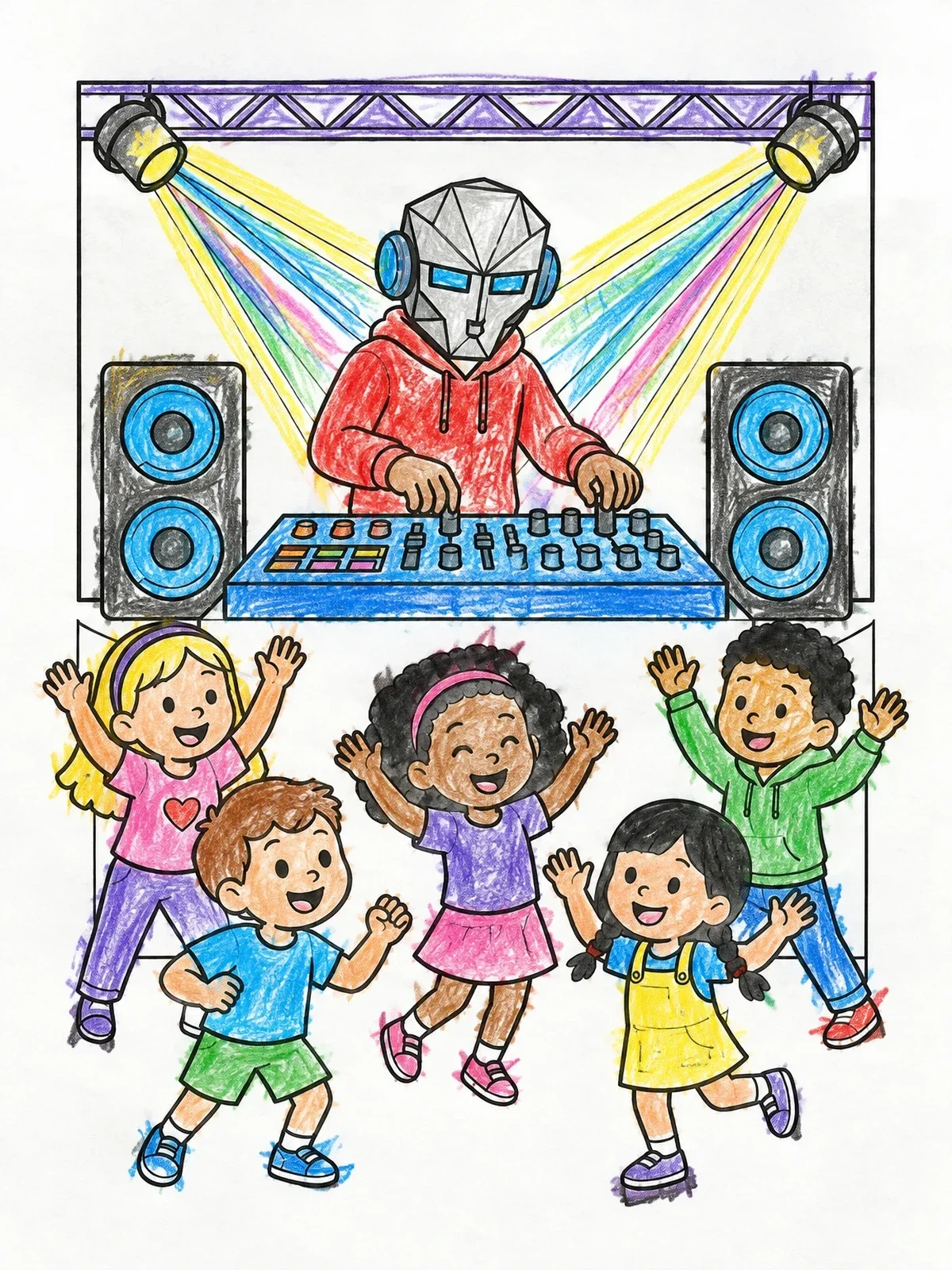 Colored example of the Robot Mask Dj With Dancing Kids coloring page