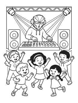 Free printable Robot Mask Dj With Dancing Kids coloring page