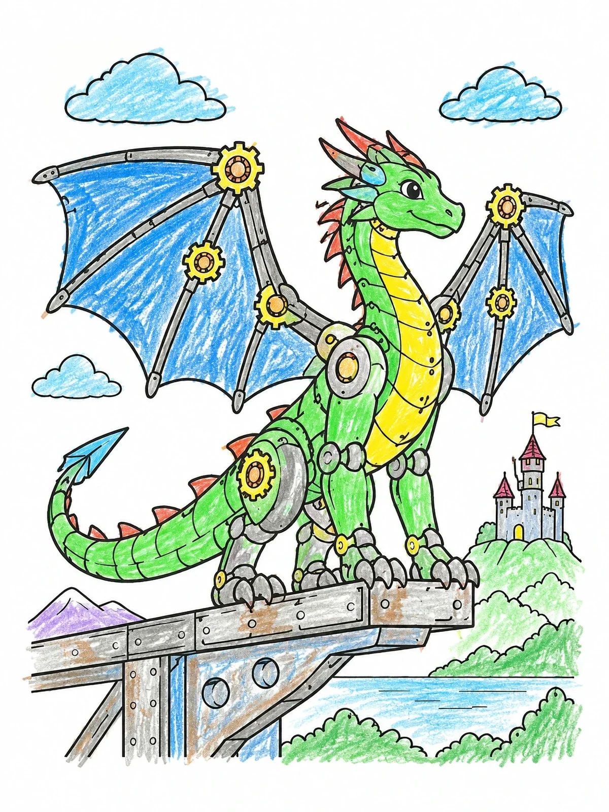 Colored example of the Mechanical Dragon On Steel Ledge coloring page