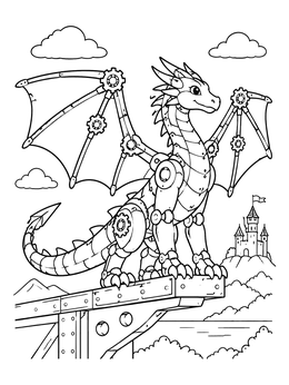 A friendly mechanical dragon on this robot coloring page stands above a landscape with a castle.