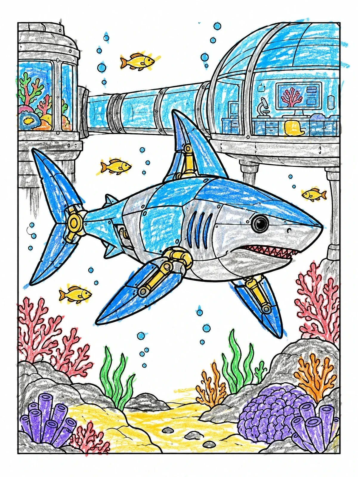 Colored example of the Mechanical Shark At Underwater Research Lab coloring page