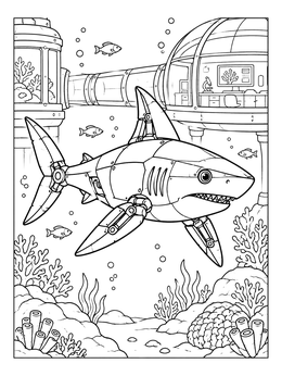 A mechanical shark swimming near an underwater base in this robot coloring page.