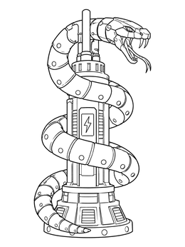 A mechanical serpent coils around an electric tower in this robot coloring page.
