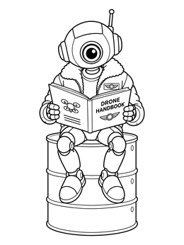 Free printable Robot Pilot Reading Drone Handbook coloring page