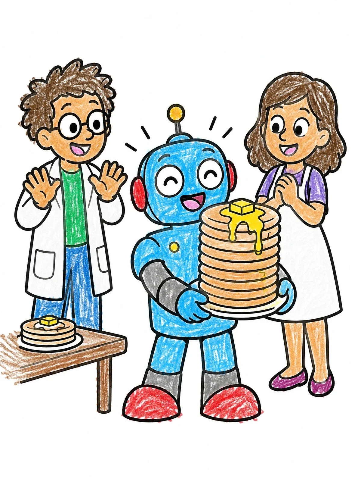 Colored example of the Robot Serving A Tall Pancake Stack coloring page