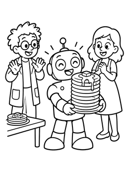 Free printable Robot Serving A Tall Pancake Stack coloring page