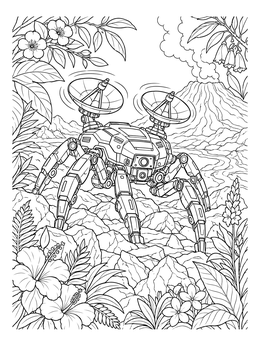 A multi-legged spider robot coloring page exploring rocky terrain near an erupting volcano.
