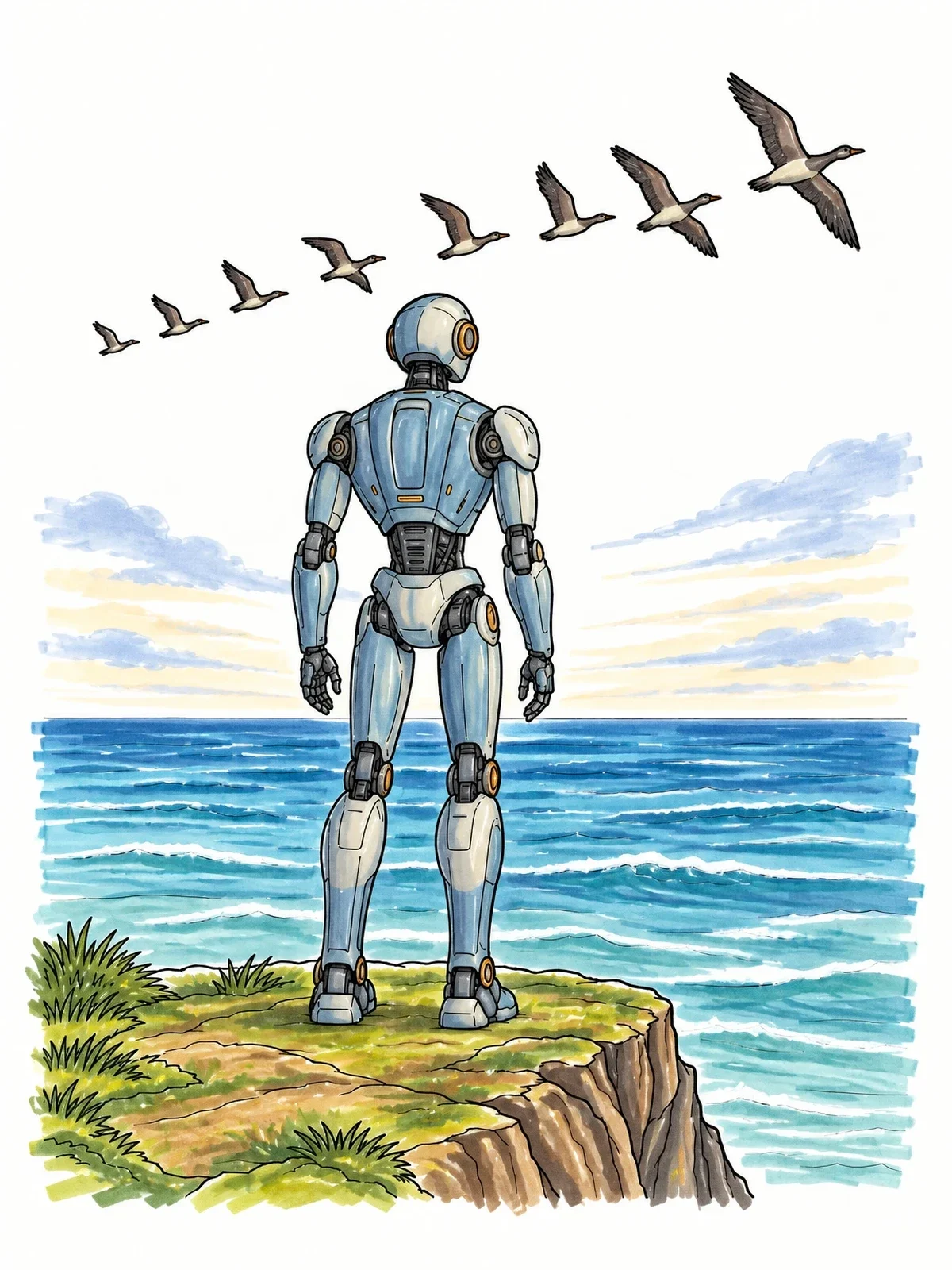 Colored example of the Robot Watching Migrating Birds coloring page