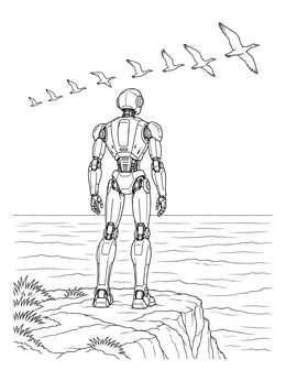 A robot coloring page depicting a tall android on a cliff watching birds over the sea.