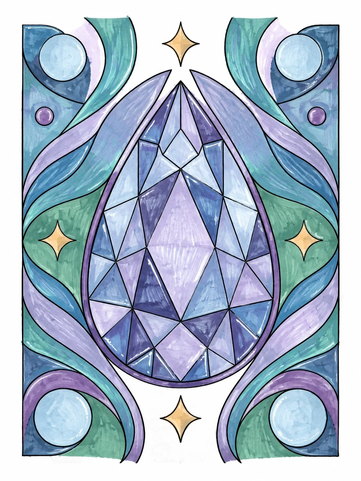 Colored example of the Faceted Teardrop Gemstone Design coloring page