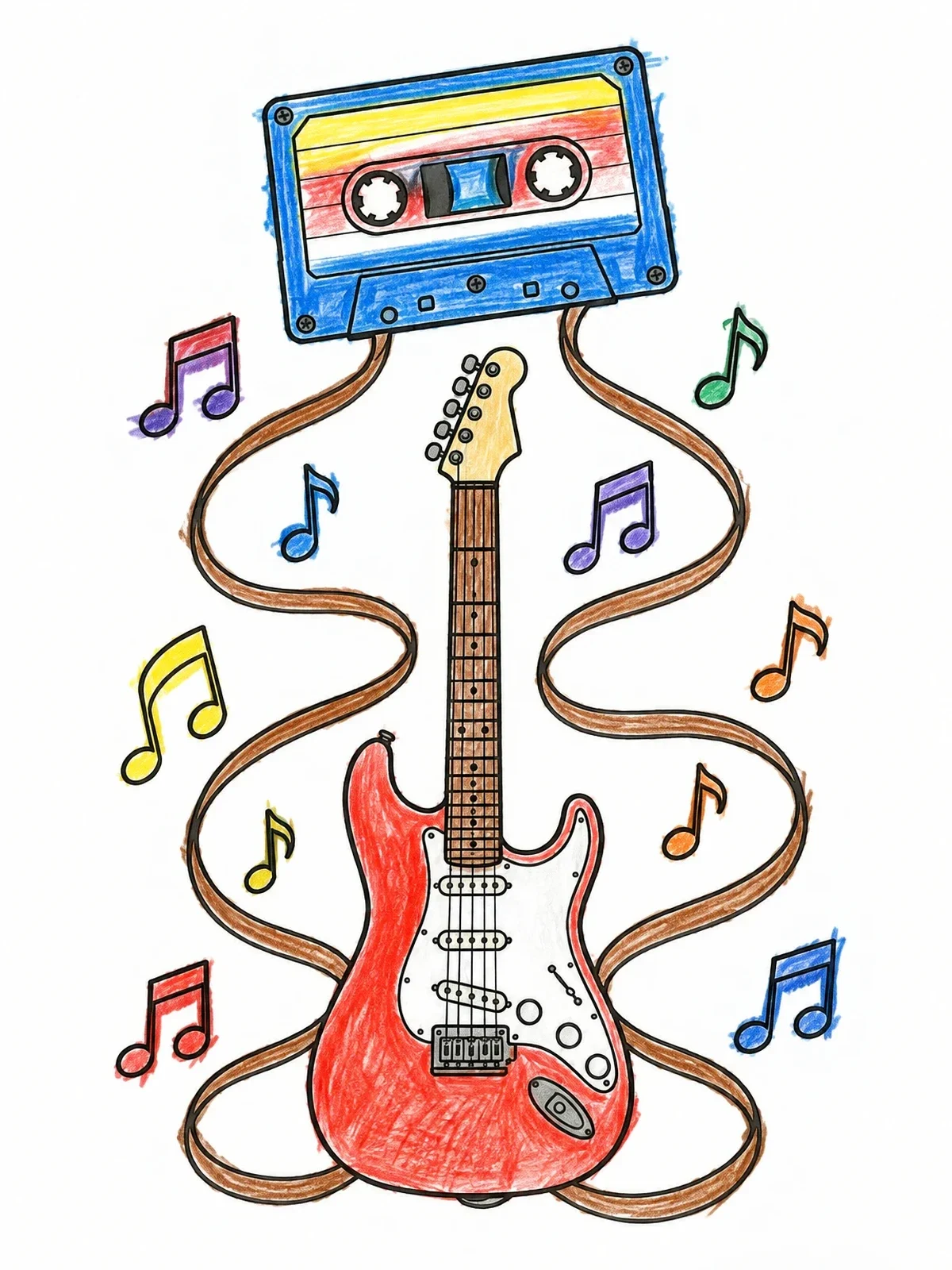 Colored example of the Cassette Tape And Electric Guitar coloring page
