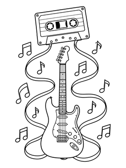 An electric guitar surrounded by tape ribbon and music notes on this rock and roll coloring page.