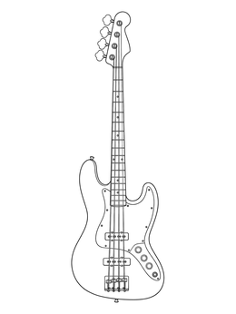 A detailed classic bass in this rock and roll coloring page for music lovers.