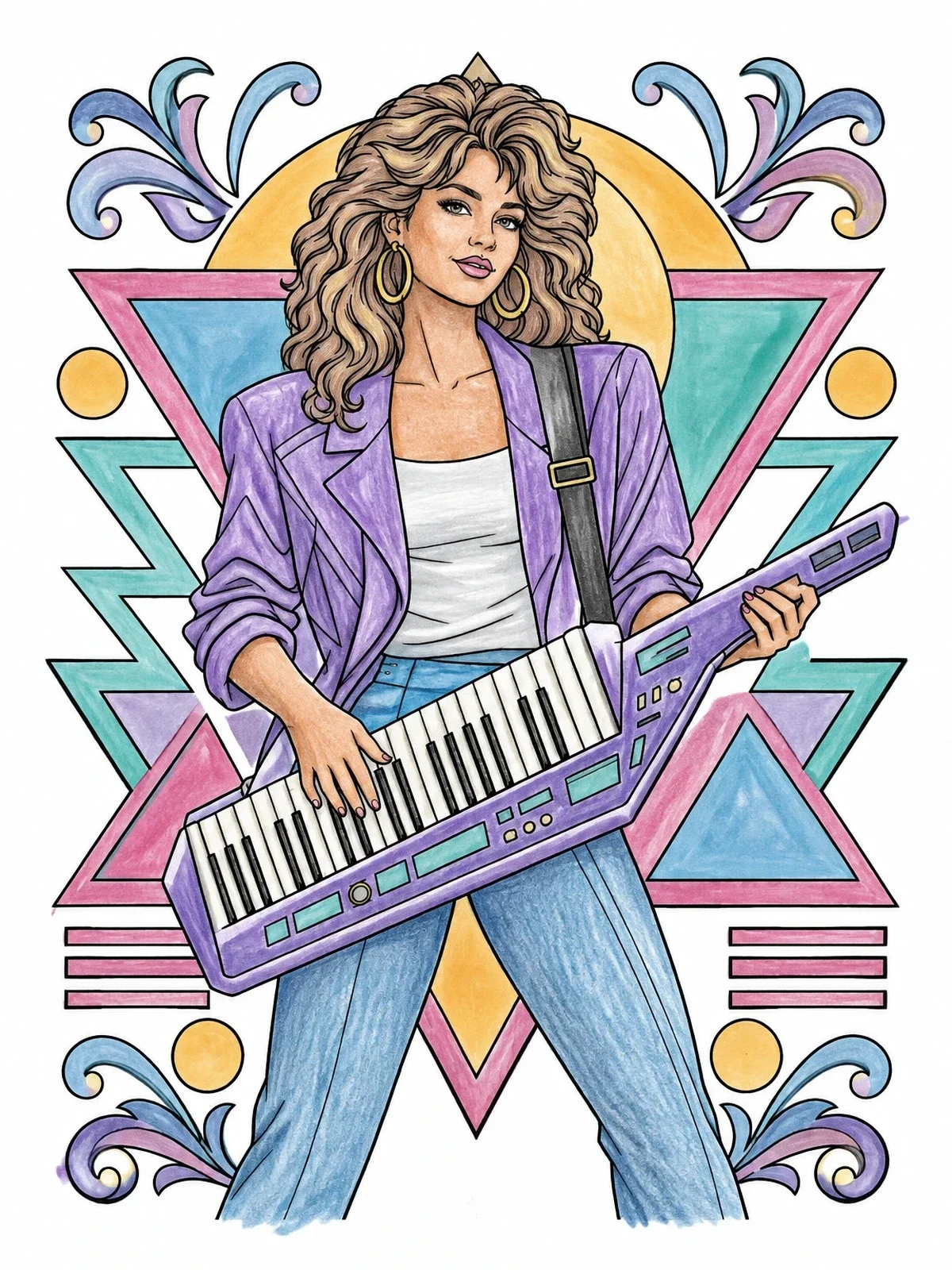 Colored example of the Eighties Keytar Musician In Retro Style coloring page