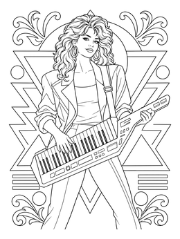 An eighties musician plays synthesizer on this rock and roll coloring page.