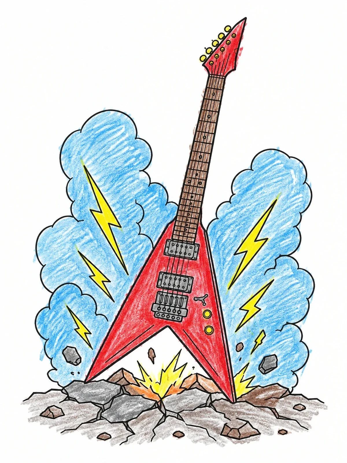 Colored example of the Flying V Electric Guitar Impact coloring page