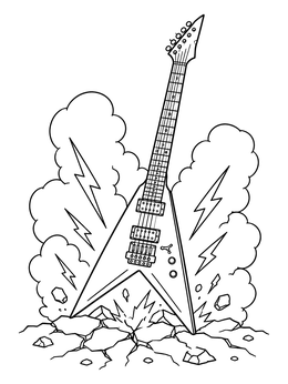 A rock and roll coloring page showing a sharp electric guitar crashing into cracked ground with lightning bolts.