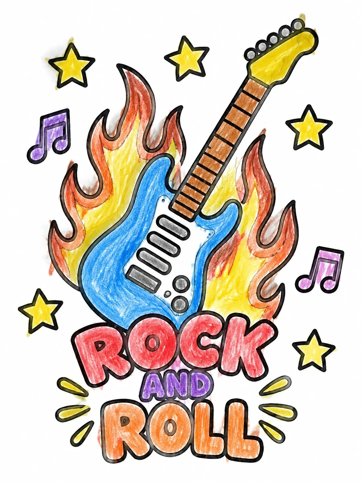 Colored example of the Rock And Roll Electric Guitar With Flames coloring page