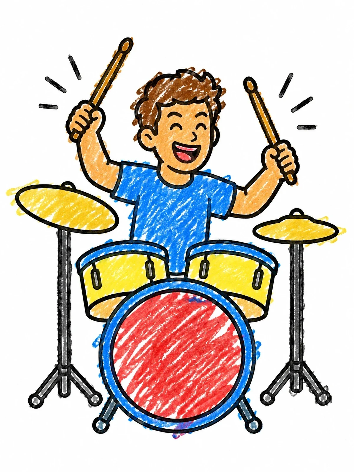 Colored example of the Happy Drummer Playing Drum Set coloring page
