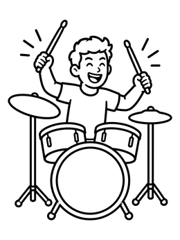 Free printable Happy Drummer Playing Drum Set coloring page