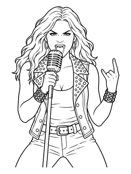 Energetic female singer in a studded vest on a rock and roll coloring page.
