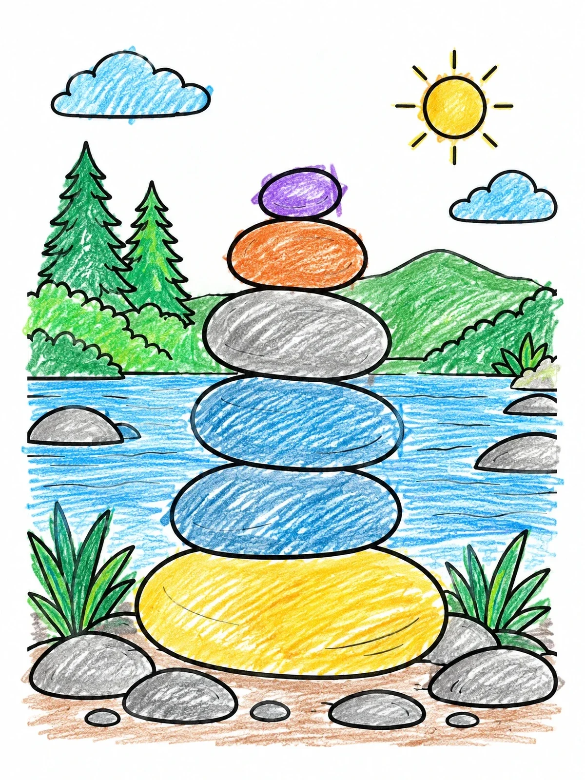 Colored example of the Balanced River Stone Cairn coloring page
