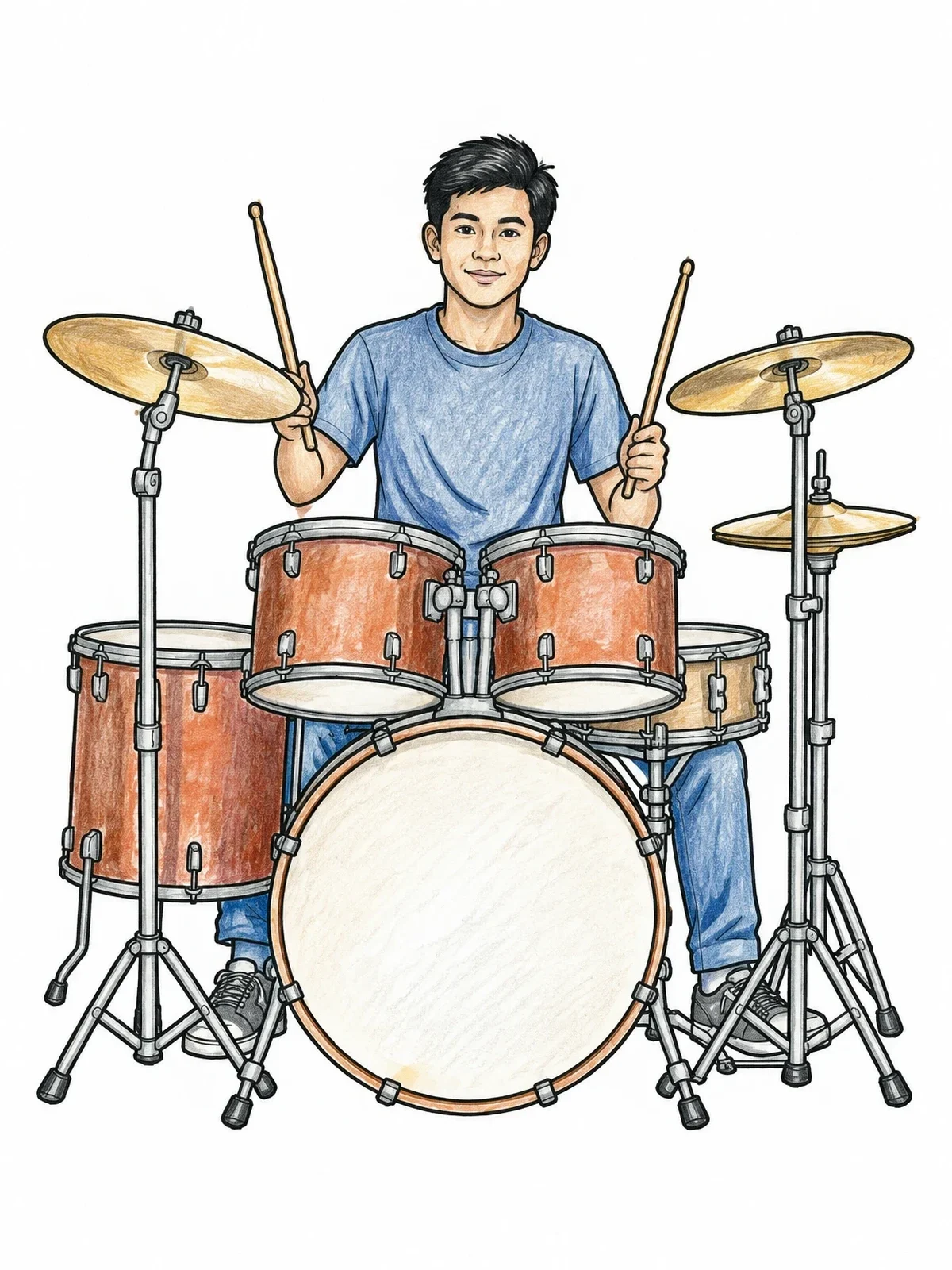 Colored example of the Rock Band Drummer At Kit coloring page
