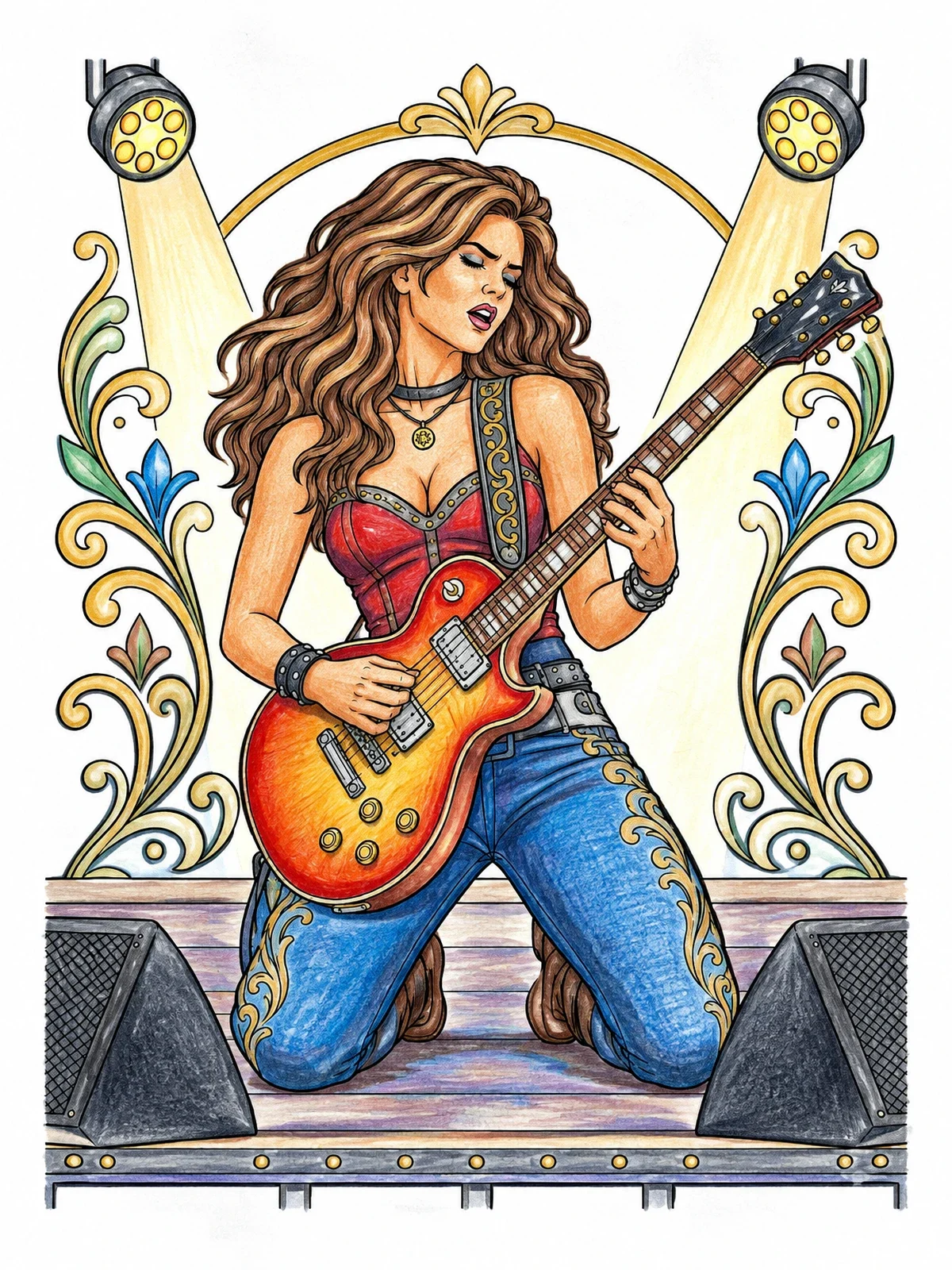 Colored example of the Kneeling Guitarist On Concert Stage coloring page