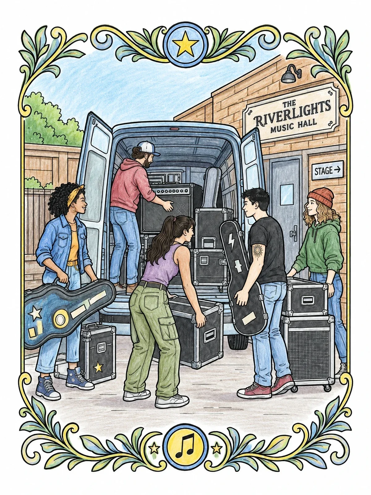 Colored example of the Rock Band Loading The Tour Van coloring page